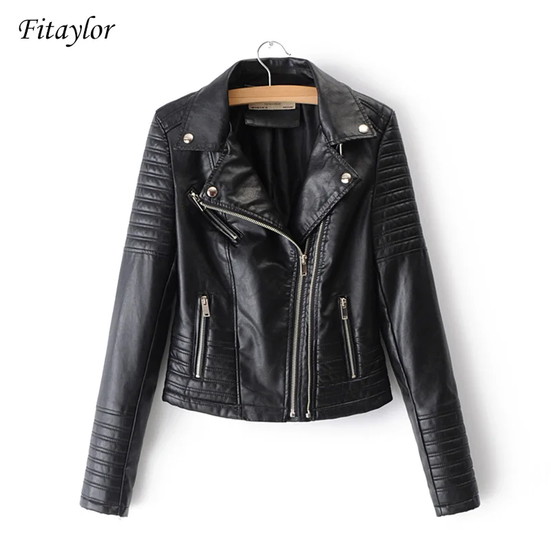 

Fitaylor Women Motorcycle Faux Leather Jackets Ladies Streetwear Black Coat Long Sleeve Autumn Biker Zippers Outwear
