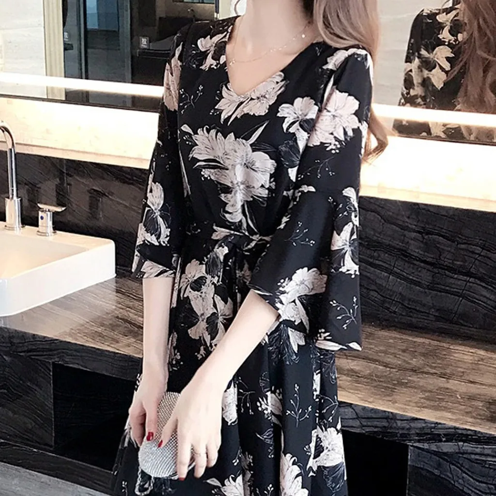 

#40 Fashion Women Dress Printing Knee Length Half Sleeve V-neck Loose Elegant Dress 2021 Vestido De Mujer