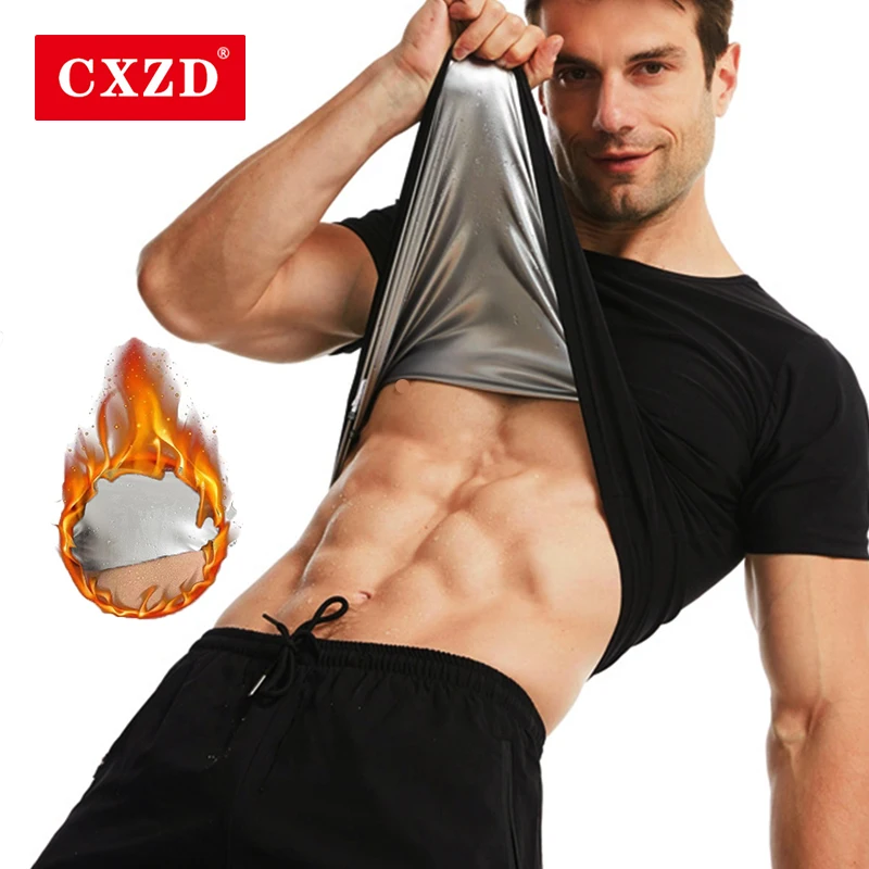 

CXZD Waist Trainer Sweat Sauna Suits Body Shapers New Men Silver ion coating Thermo Zipper Shirt Fitness Slimming Short sleeve
