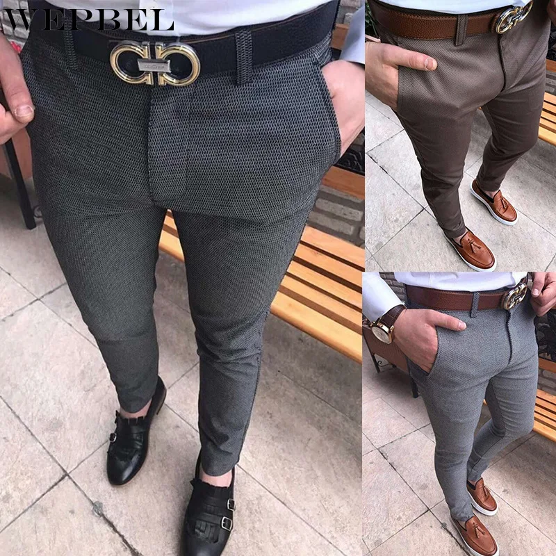 

WEPBEL Fashion Men Pants Classic Business Casual Straight Trousers Plaid Suit Pants