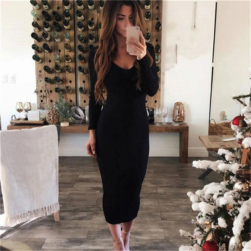 Облегающее трикотажное платье-свитер для женщин эластичные Длинные рукава
