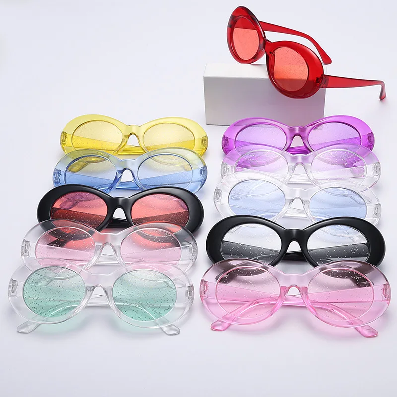 

Women Sunglasses Oval Sun Glasses Glitter Lenses Eyewear Candy Colorful Classic Transparent Frame Sunglasses UV400