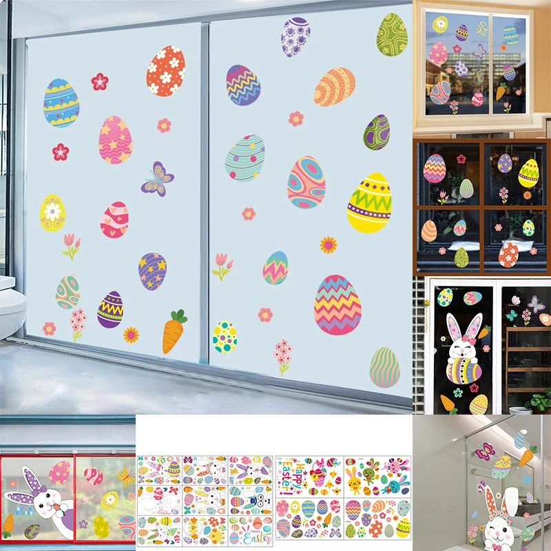 

Happy Easter Wall Sticker Decorations for Home Colorful Rabbit Eggs Electrostatic Window Posters Easter Home Mall Store Decor