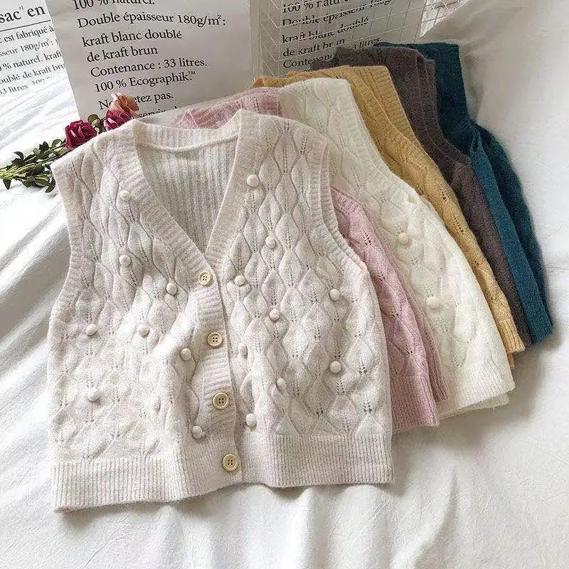 

Women 2023 Sweet Fashion Single Breasted Solid Color Knitted Vest Sweater Vintage V Neck Sleeveless Female Waistcoat Chic Tops