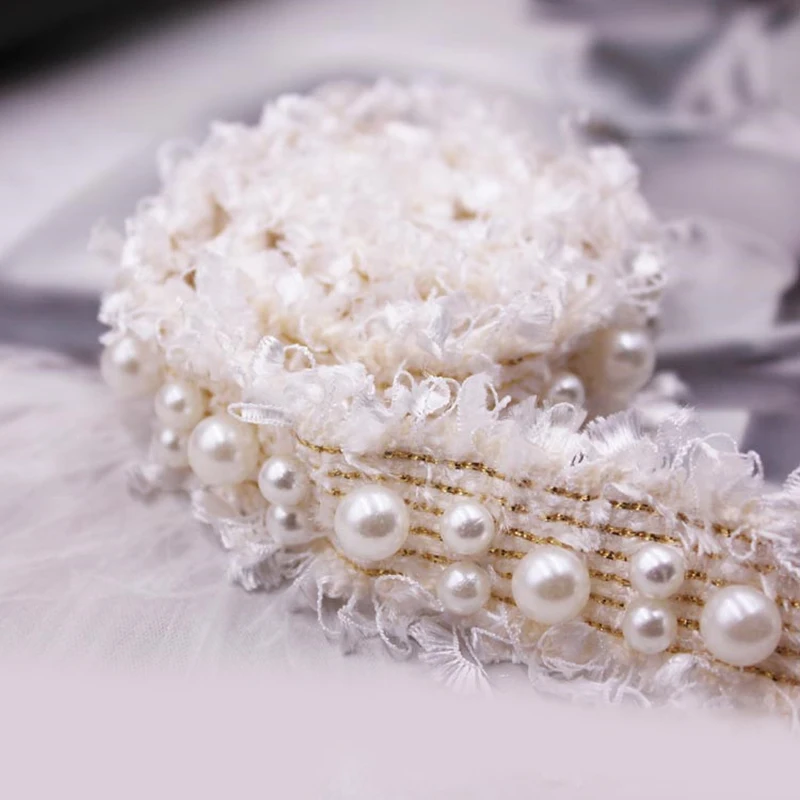 

New Vintage 3cm Nylon Gold Pearl Beaded Embroidered Lace Trim Ribbon Fabric Handmade DIY Costume Dress Sewing Supplies Craft