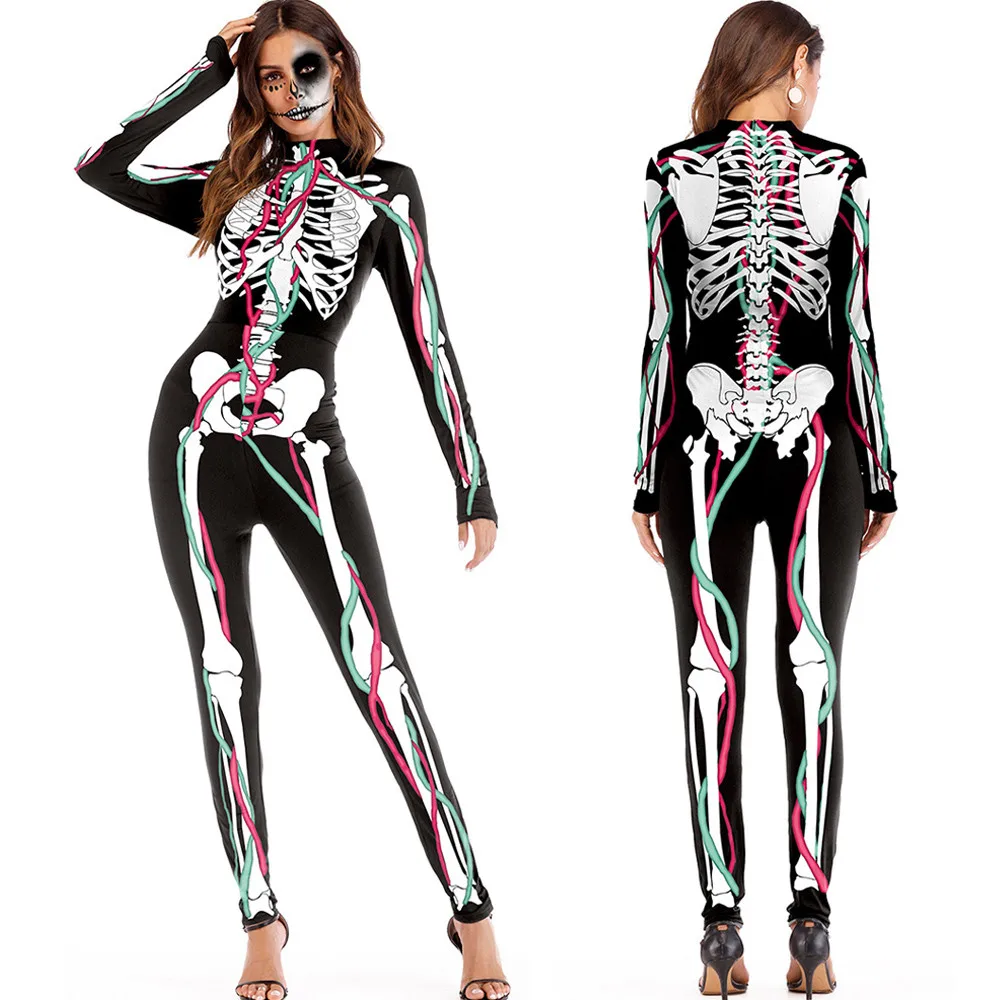 Костюм Хэллоуин Женский страшный 3D череп вязки крови печати костюм для вечеринки