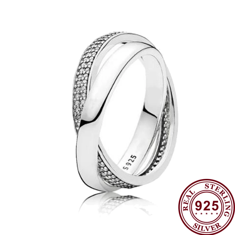 

Original 925 кольцо Silver Shiny Silver Double Row With Crystal Interlaced Pan Ring For Women Wedding Party Fashion Jewelry