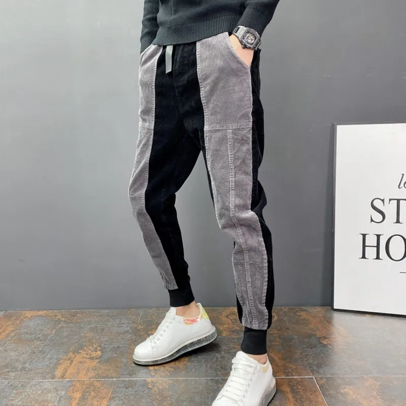 

Corduroy Harem Pants Men Contrast Ankle Length Pencil Pant Fashion Casual Streetwear Patchwork Elastic Waist Autumn Winter New