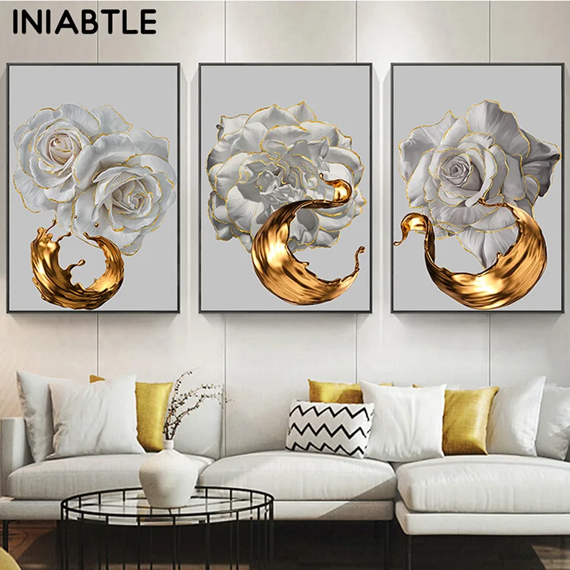 

White Rose Flower Golden Ink Splash Abstract Painting Canvas Poster Nordic Plant Wall Art Picture Modern Living Room Home Decor