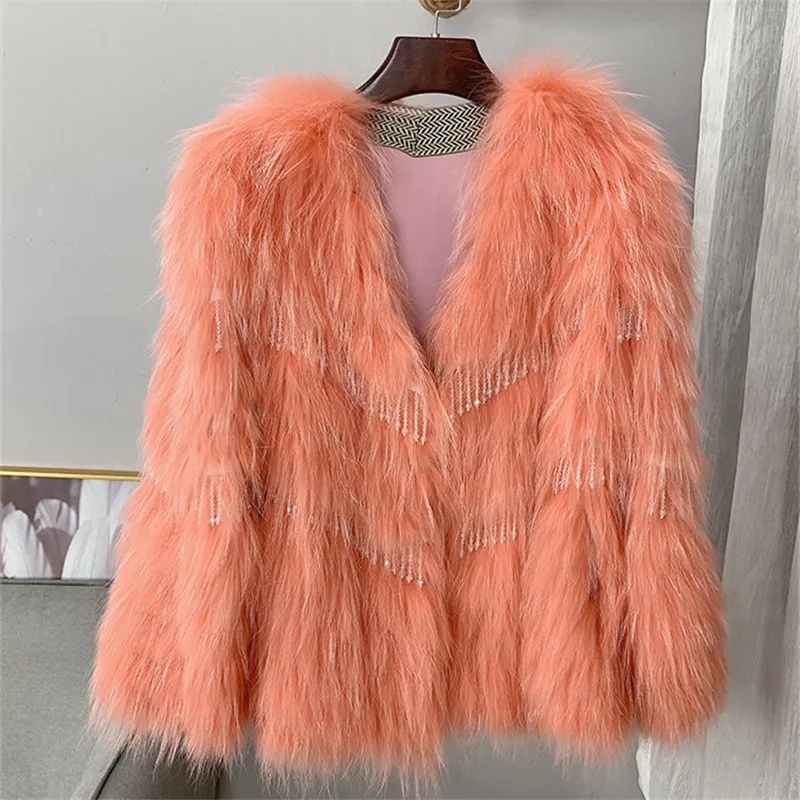 Winter Personality Beaded Fashion Women Real Fur Jacket Female White Raccoon Fur Strip Tassel Jacket