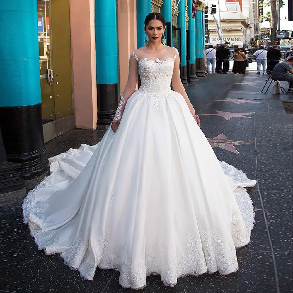 Vestidos De Novia Long Sleeve Satin Ball Gown Wedding Dress Illusion Back Gelinlik Beading Sequined Suknia Slubna Hochzeitskleid | Свадьбы и