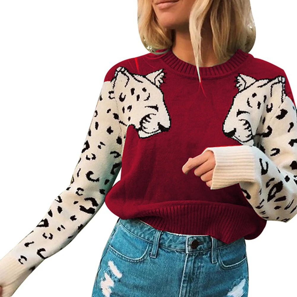 

2020 Fashion Women Sweaters Autumn Winter O Neck Long Sleeve Sweater Loose Knit Pullover Leopard Printed Sweaters Tops Outwear