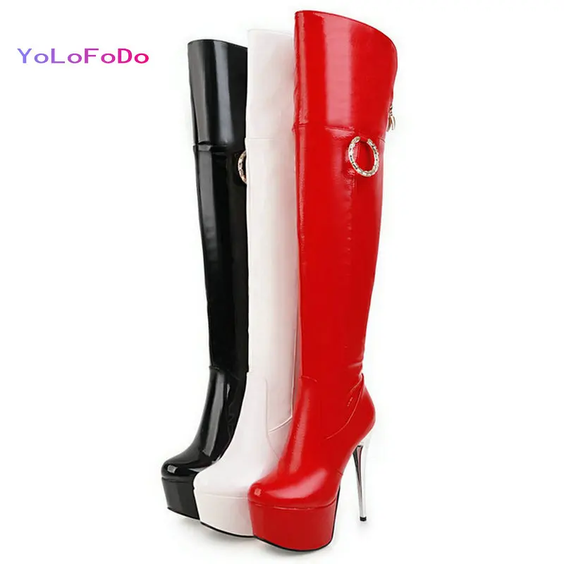

Black Red White Women Over the Knee Boots Sexy Nightclubs Women Thigh Boots Patent PU Leather Platform Thin High Heel Lady Shoes