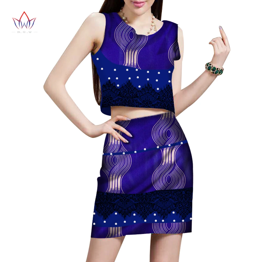 

Pretty Women Suits New Fashion African Printed Wax Two Piece Set Women Top And Skirt Set Sleeveless Dashiki Sets Cotton WY375