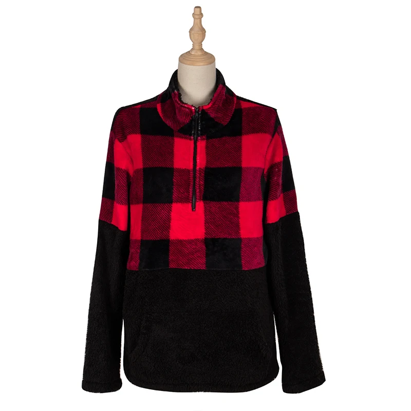 

Teddy Cashmere Plaid Fleece Jacket Women Autumn Winter Short Plush Coat Front Pocket Warm Pullover Jacket For Women 2021 New