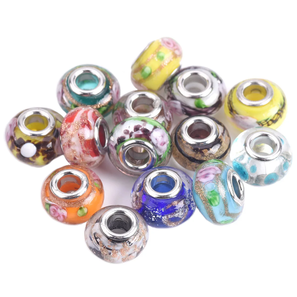 5pcs 14x9mm Round European Charms Handmade Murano Lampwork Glass Big Hole Beads for Jewelry Making Bracelet DIY 87#~113#