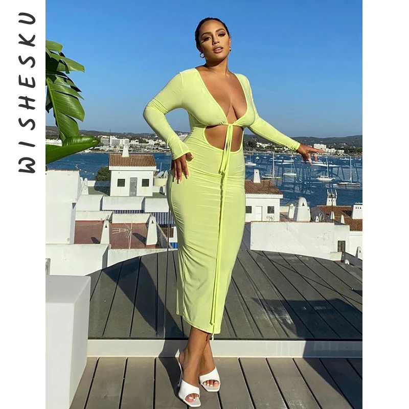 

Women Summer 2021 Y2K Black Midi Dress Bandage Sexy Hollow Out Long Sleeve Gothic Bodycon Dresses Party Club Prom Night Robe