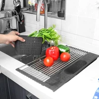 sink drain rack kitchen stainless steel organizer multi use roll up drying foldable rack fruit vegetable meat mat drainer basket