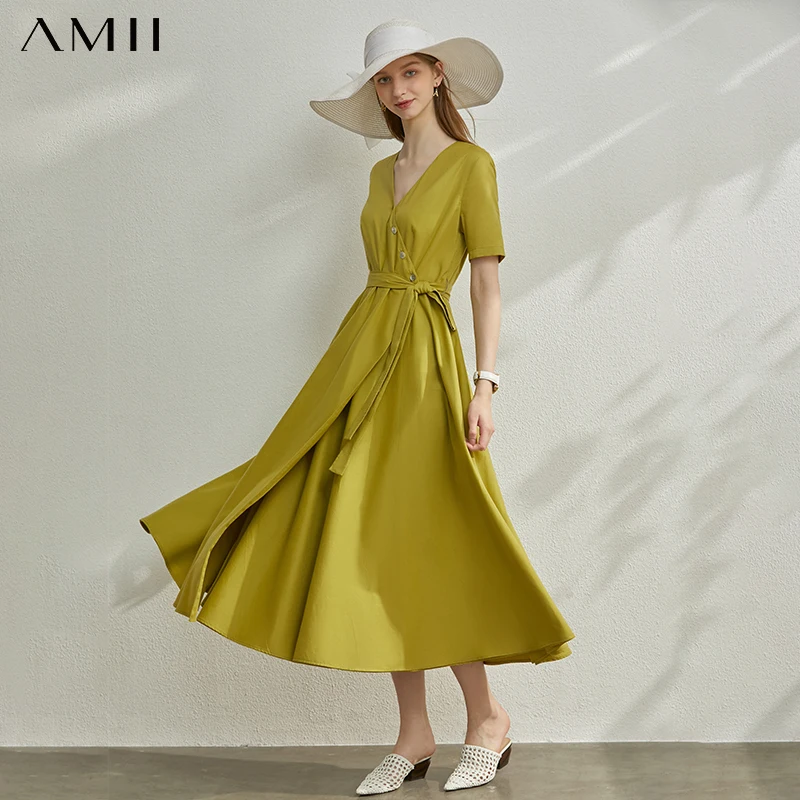 AMII минимализм сезон: весна-лето V образным вырезом приталенное женское платье на
