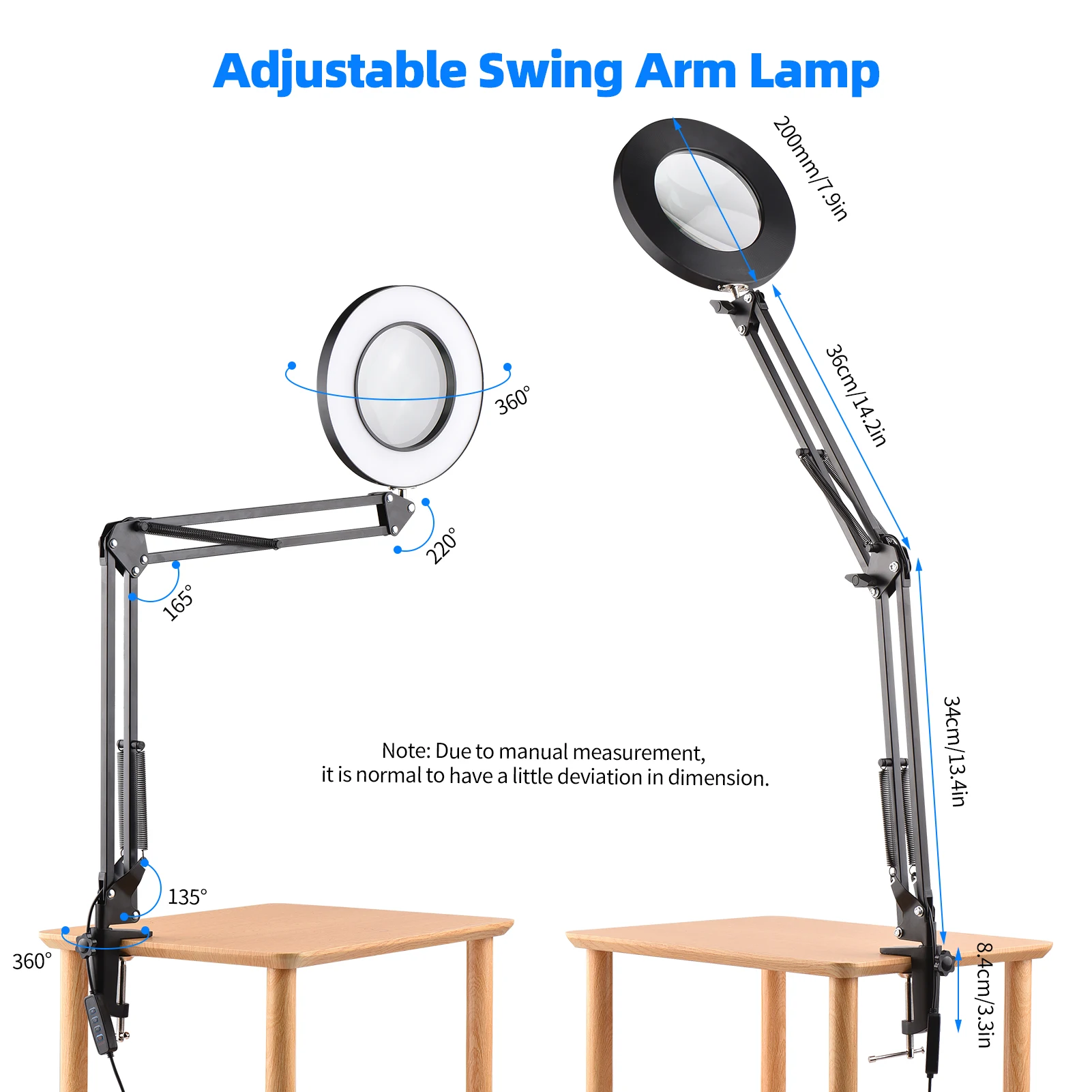 

Desk Lamp with Clamp LED Eye-Caring Light Magnifier Adjustable Metal Swivel Arm 3 Color Modes 10 Dimmable Brightness for Reading