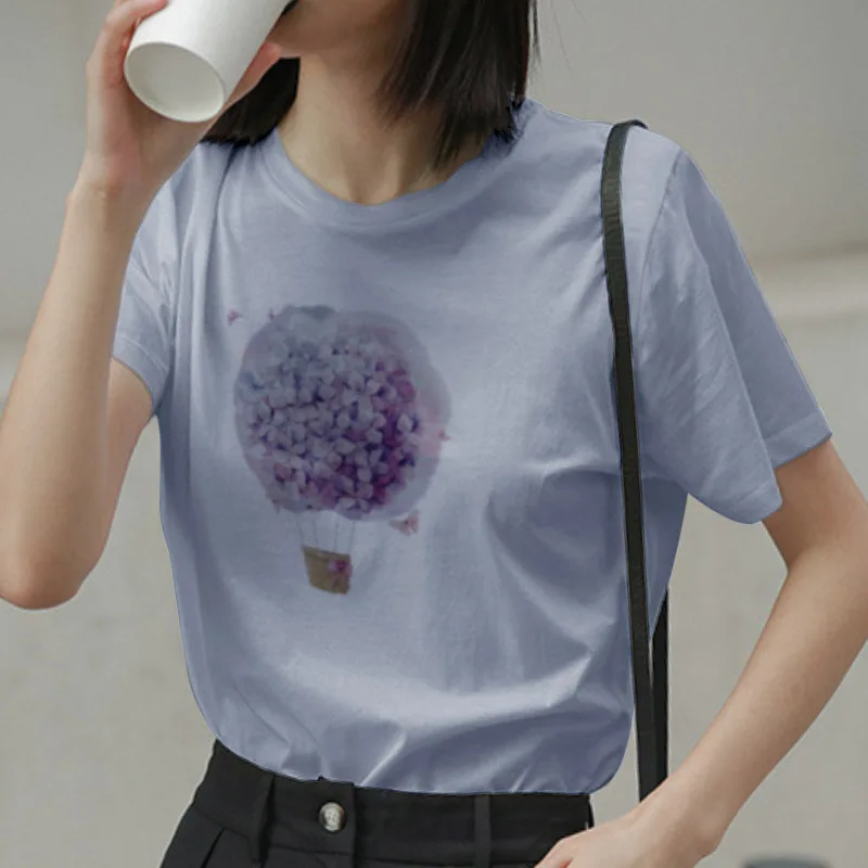

YH23 Summer T-Shirts Women 2021 Fashion Funny Print Purple Balloon Basic Short Sleeve O-neck Cute Goth Casual Tees Women