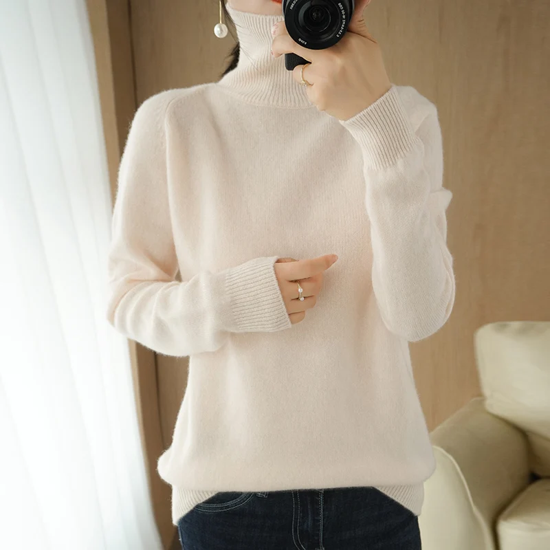 

100% pure wool sweater spring and autumn new cashmere sweater ladies turtleneck pullover pure color knitted top large size women