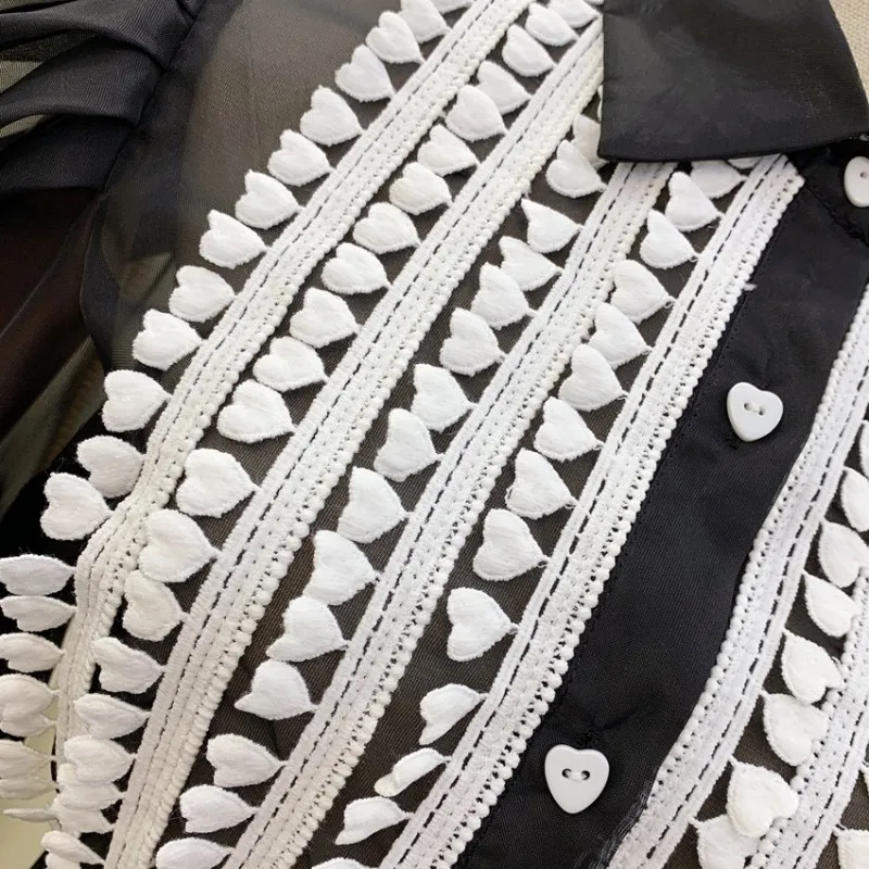 

New Arrival Runway spring Women Lace mesh Hollow Out heart desgin Shirt Blusas Elegant Ladies Blouse Lantern Sleeve Tops