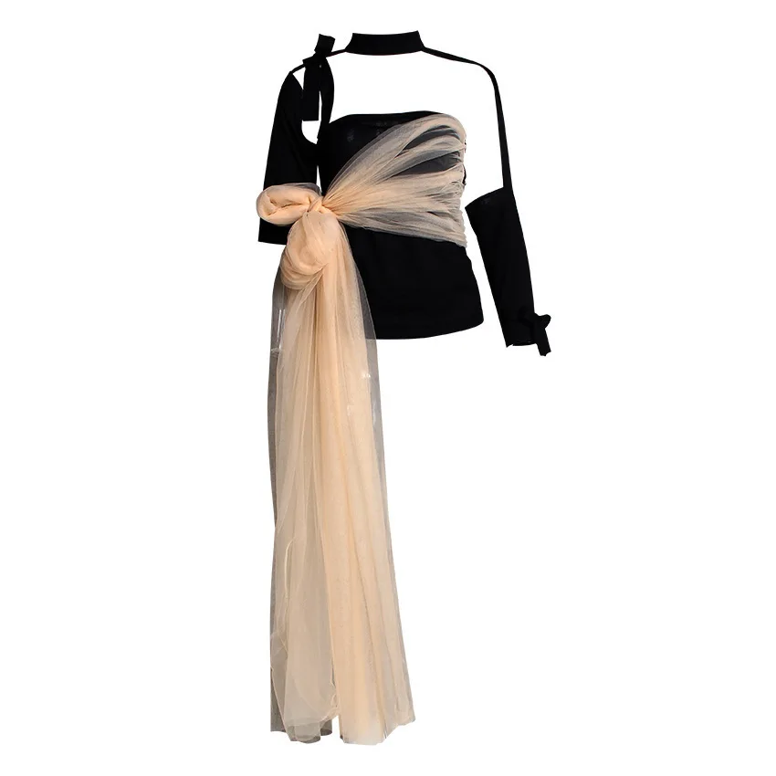 

Spring New 2019 Summer Stand Collar Long Sleeve Hollow Out Mesh Bandage Loose Temperament Women Fashion Tide