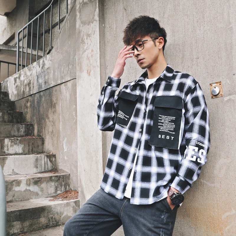 Мужские рубашки с длинным рукавом повседневные клетчатые обычная облегающая