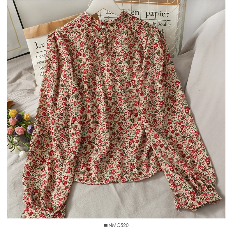 

Hong Kong style Retro Floral Lace Patchwork Stand Collar Loose Shirts for Woman FZ370 Vintage Long Sleeves Ladies print Blouses
