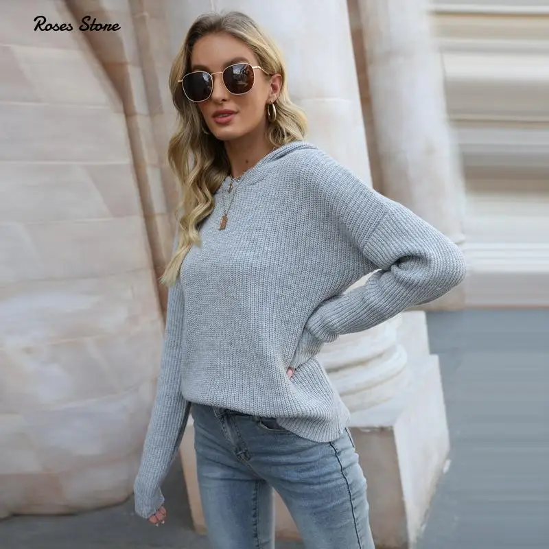 

2022 New Women hooded sweater Long Sleeve Drop Shoulder Pullover Knitted Sweatshirts Fall Warm Clothes for Ladies Tops Knitwear