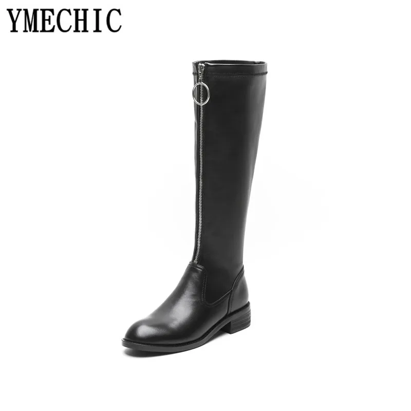 YMECHIC/2018 черные зимние сапоги женские до середины икры из натуральной кожи на