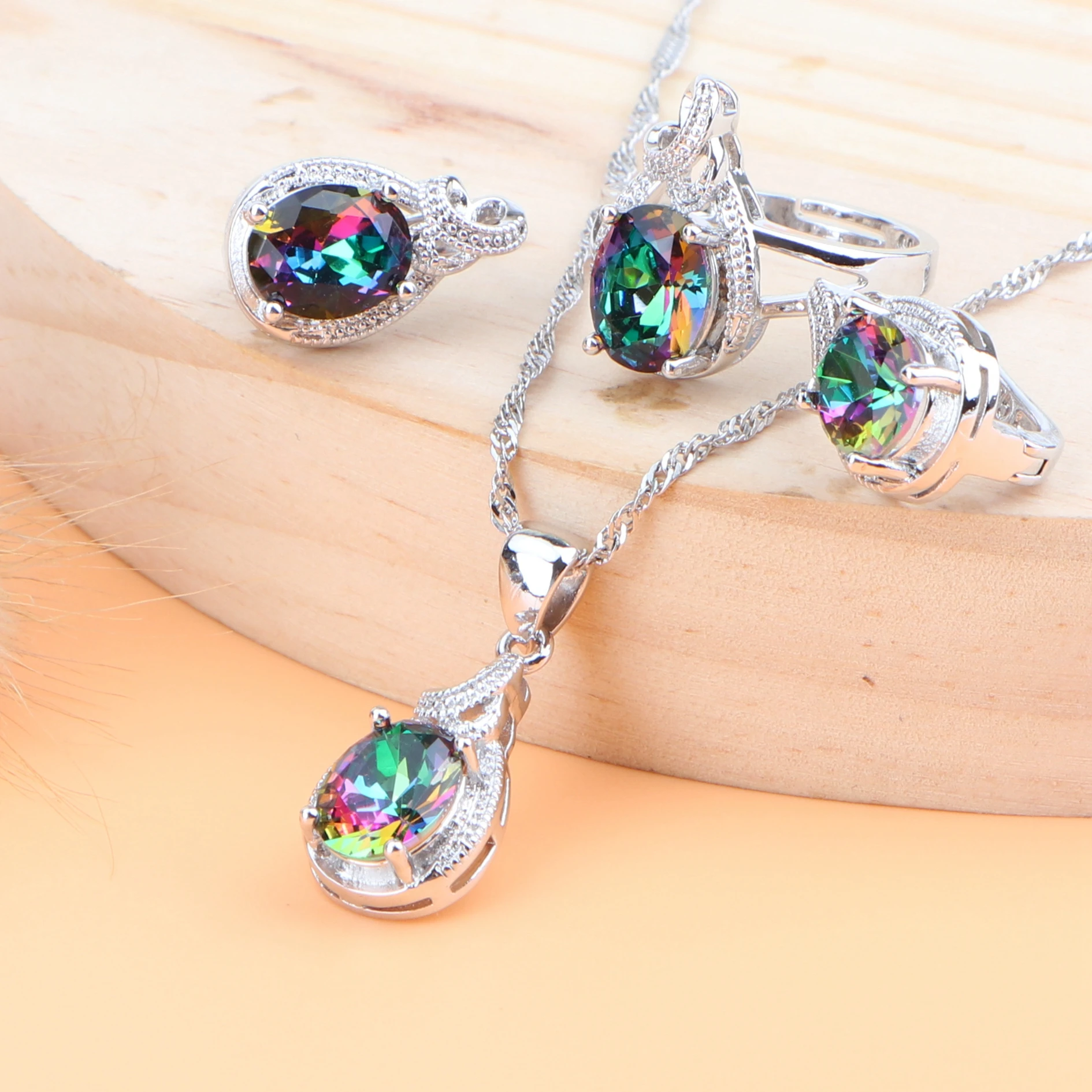 Набор свадебных украшений из серебра 925 пробы с радужным цирконием браслеты