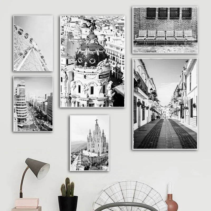 Винтажный винтажный городской постер черного цвета в Мадридском стиле пейзаж
