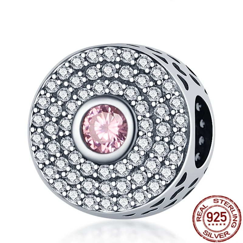 

925 Sterling Silver Simple Pink Zircon Round Beads Charms Suitable For Original Pandora Bracelet Bangle Making DIY Woman Gift
