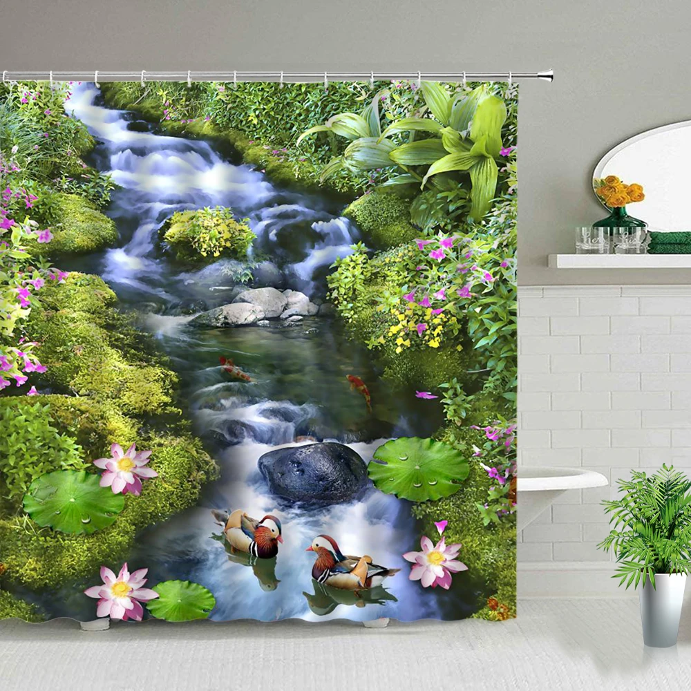 

Занавеска для душа, водонепроницаемая тканевая шторка для ванной комнаты, с крючками, с изображением водопада, растений, цветов, весеннего п...