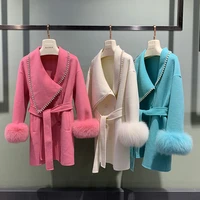 new york modern lady luxurious real fox fur cuff double sided woolen coat elegant natural fur coats