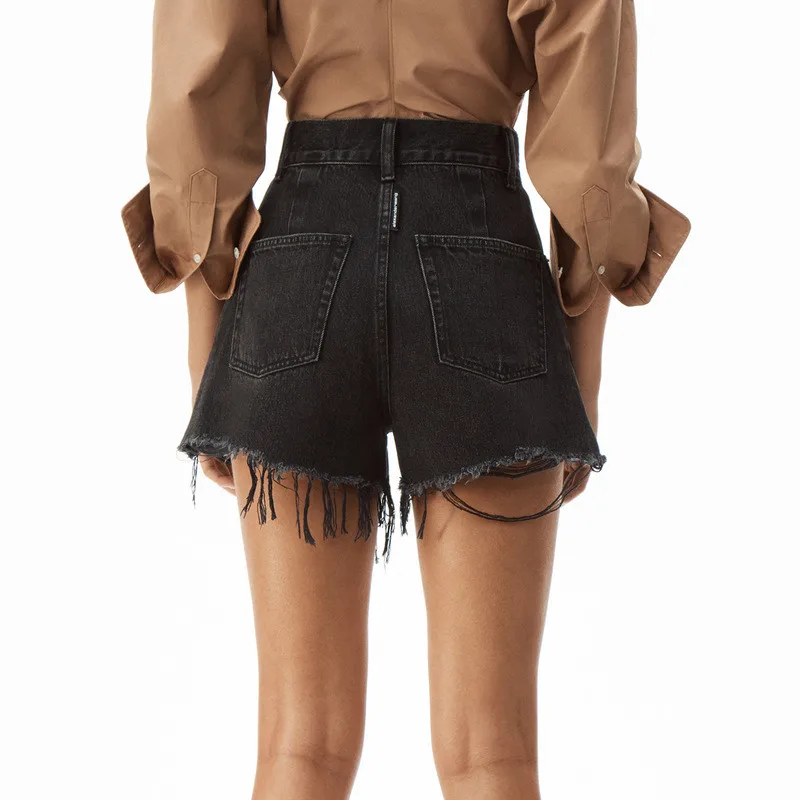 

Women Tassel Denim Shorts Loose Straight High Waist Solid Color Zipper Casual Jeans with Sashes 2021 Summer