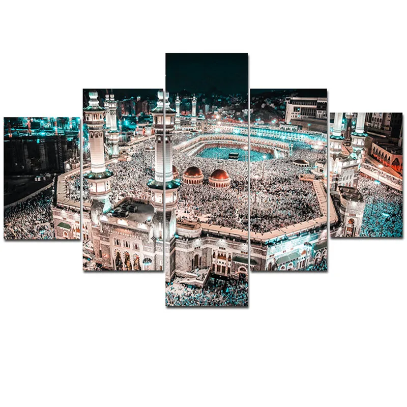 

5pcs Decor Painting Night Scenery Ramadan Mecca Mosque Picture Muslim Arabian Wall Art Canvas Painting Home Decoration Religion