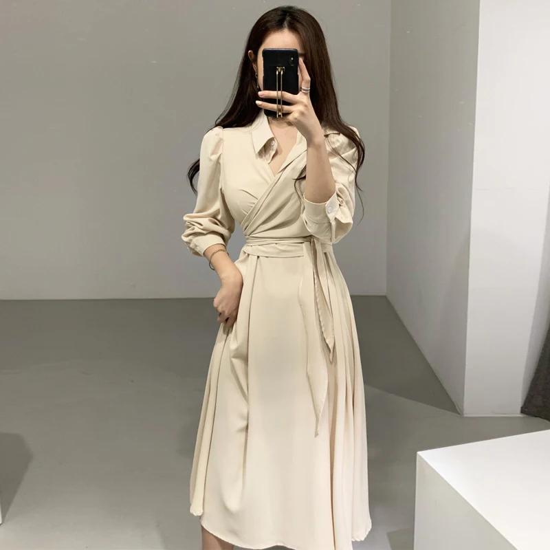 

Leiouna Turn-down Collar Women Lace Up Dress Long Sleeve Spring 2021 New Shirt Ladies Casual Dresses Vestidos