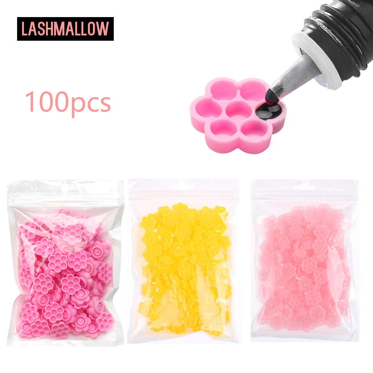 

New 100 PCS False Eyelash Extension Blooming Cup Glue Holder Pink Flower Plum Shaped Eyelashes Accessories Lashes Supplies
