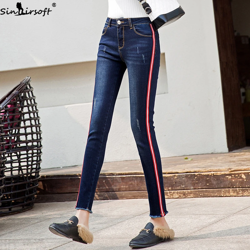 Осенние новые хлопковые мягкие высокие эластичные красные джинсы с лентой