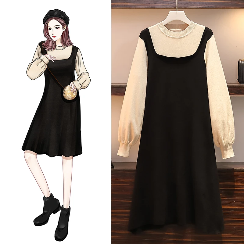 Женское трикотажное платье большого размера с фальш-вставкой средней длины