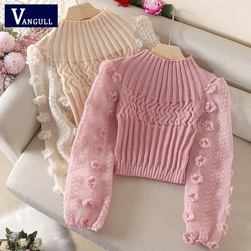 

Vangull Knitted Chiffon Patchwork Sweater Women Spring Autumn New O-Neck Slim Short Pullovers Sweet Puff Sleeve Female Sweater