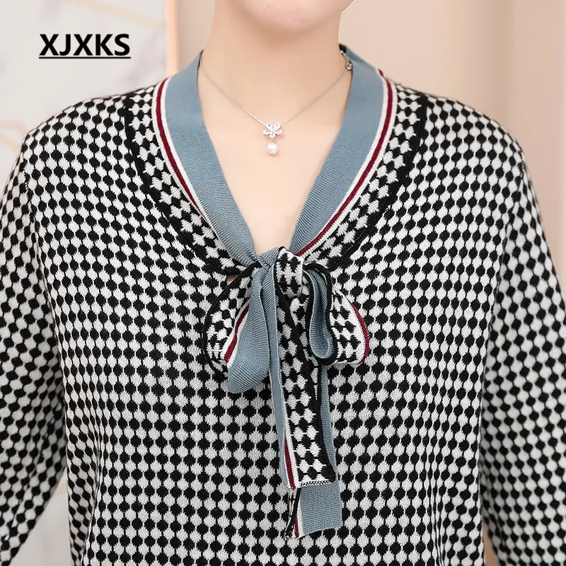 XJXKS Fashion bow collar loose plus size women sweater 2019 autumn winter new high quality cashmere knit pullover | Женская одежда