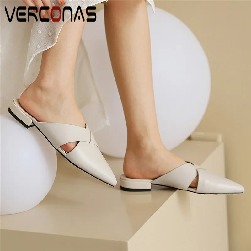 

VERCONAS Women Brand Design Slippers Genuine Leather Mules Pointed Toe Sandals Thick Heels High Quality Summer Shoes Woman