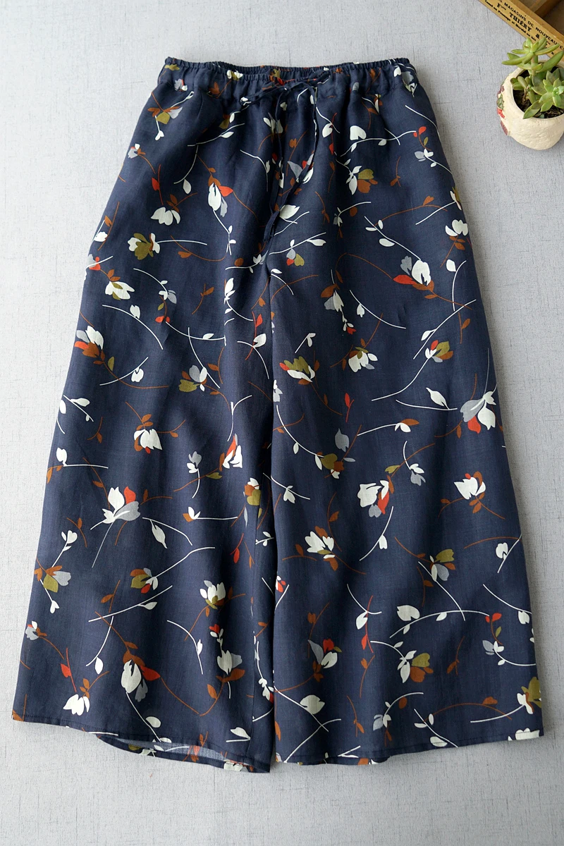 

Spring Summer Women Casual All-match Loose Plus Size Comfortable Water Washed Ramie Print Trousers Elastic Waist Wide Leg Pants