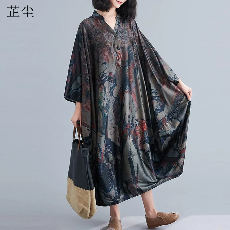 Женское винтажное платье большого размера плюс с этническим принтом свободное