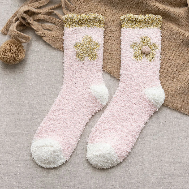 

1 Pair Winter Coral Fleece Floor Socks Cute Flowers Mid Tube Socks Warm Anklet Candy Color Women Socks Breathable Thicken Socks