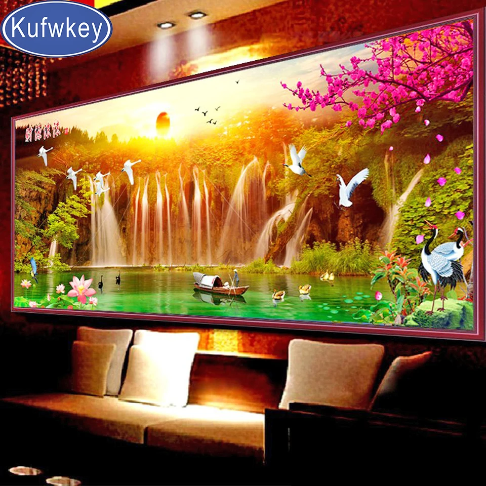 

large size sunset birds lake waterfall landscape 5d art DIY diamond painting full diamond embroidery kits pattern cross-stitch